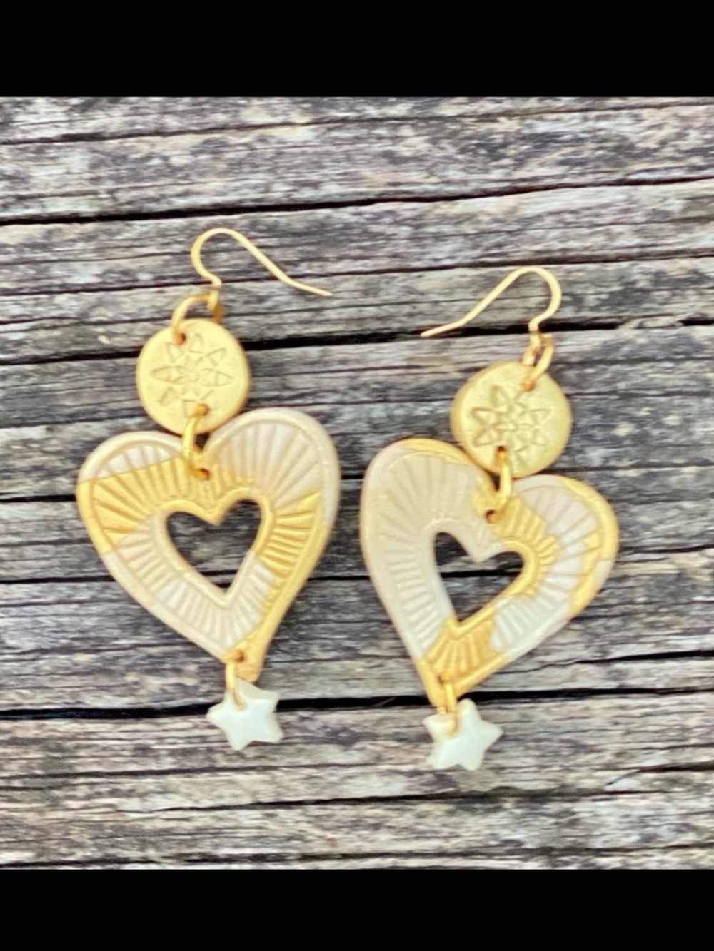 Handcrafted Gold and Cream Heart Drop Earrings